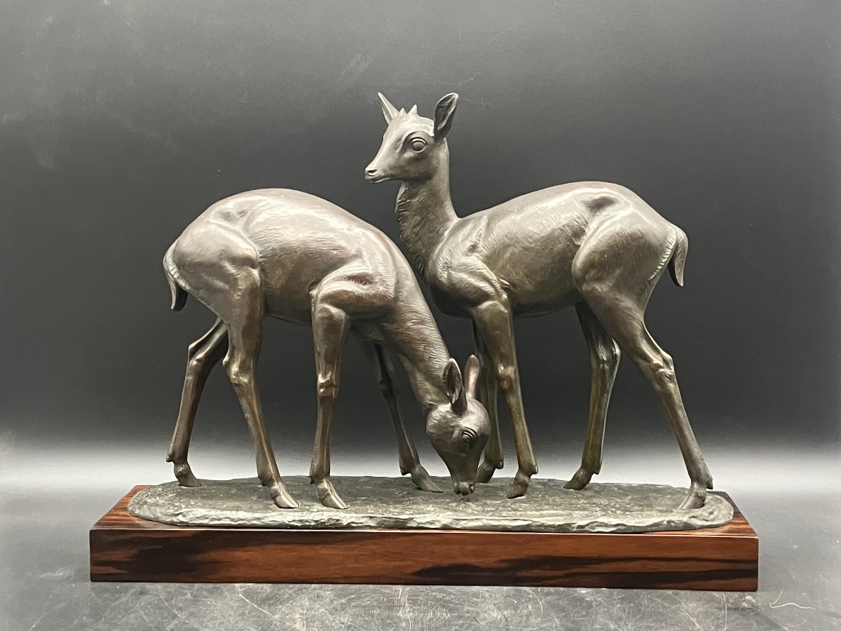 Irénée Rochard Art Deco Bronze Two Deer On Macassar Ebony Base