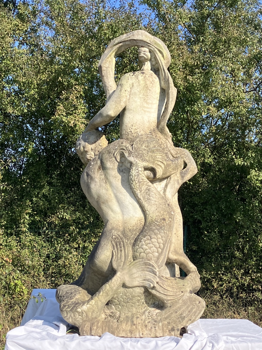 Large Marble Park Statue Of Amphitrite And Poseidon, Mythology, Garden Fountain, 17th Century-photo-2
