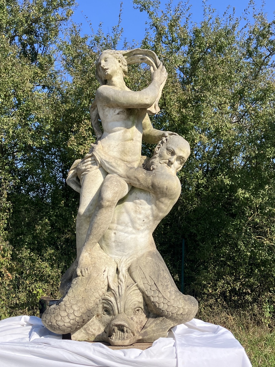Large Marble Park Statue Of Amphitrite And Poseidon, Mythology, Garden Fountain, 17th Century