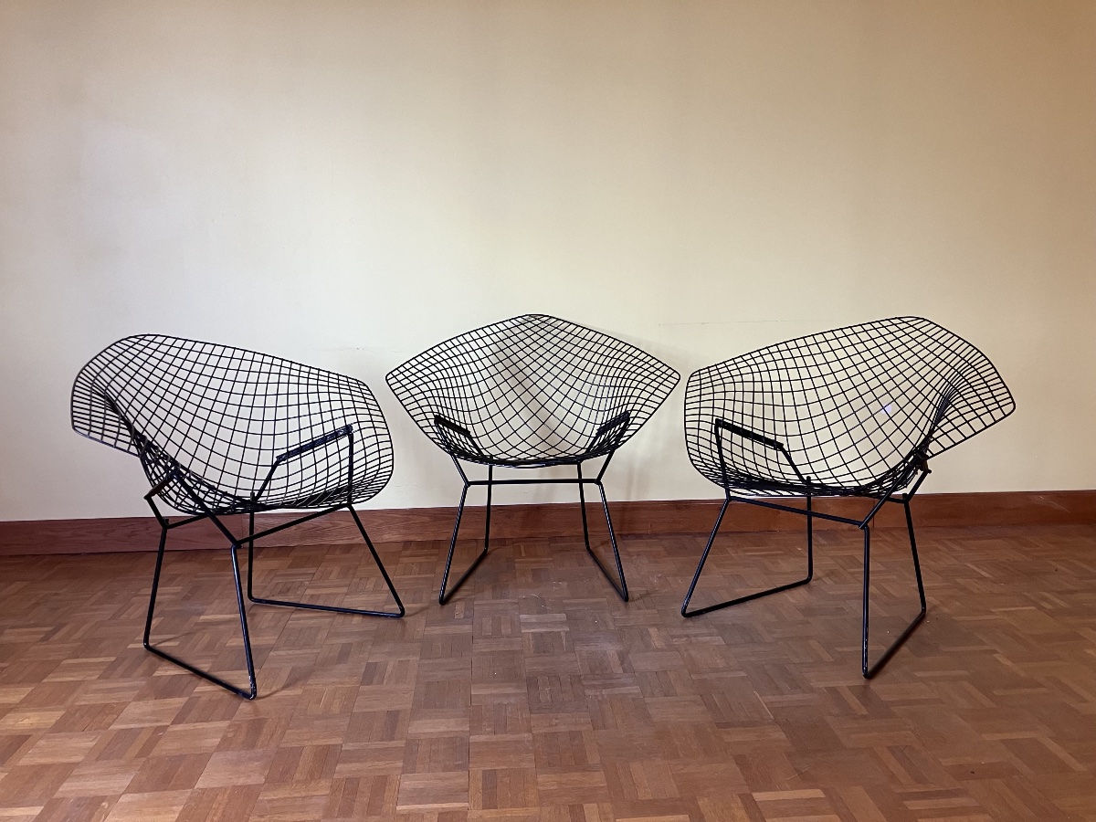 Harry Bertoia Diamond Armchairs, Black Diamond, Vintage Edition By Knoll