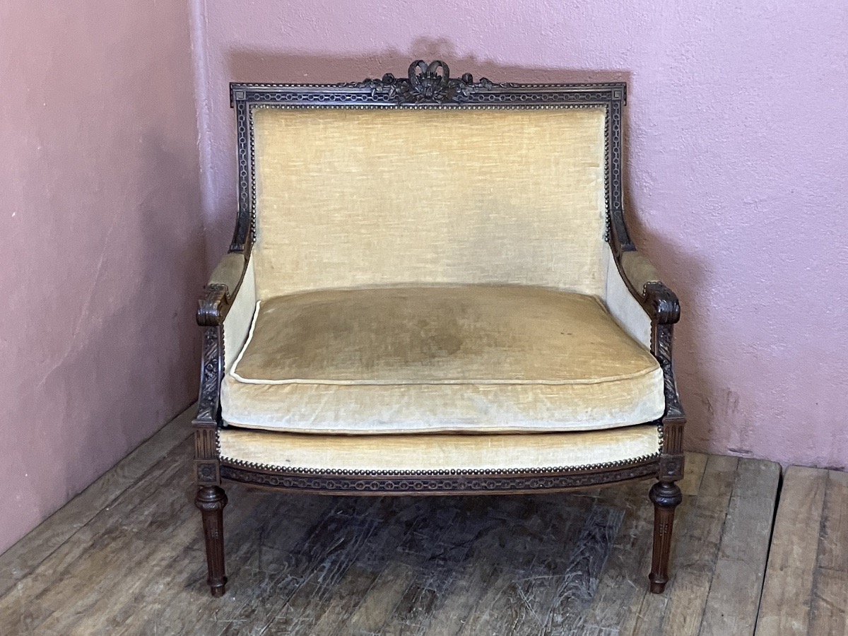 Marquise de style Louis XVI en noyer 19eme bergère canapé fauteuil -photo-2
