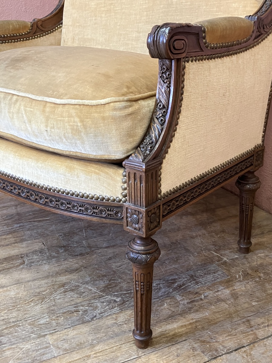 Marquise de style Louis XVI en noyer 19eme bergère canapé fauteuil -photo-3