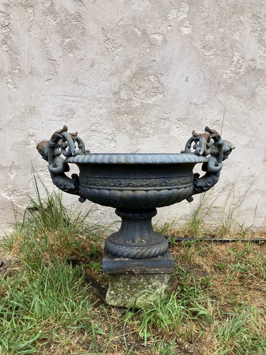 Jean Jacques Ducel: Importante vasque de jardin en fonte à anses XIXème -photo-8