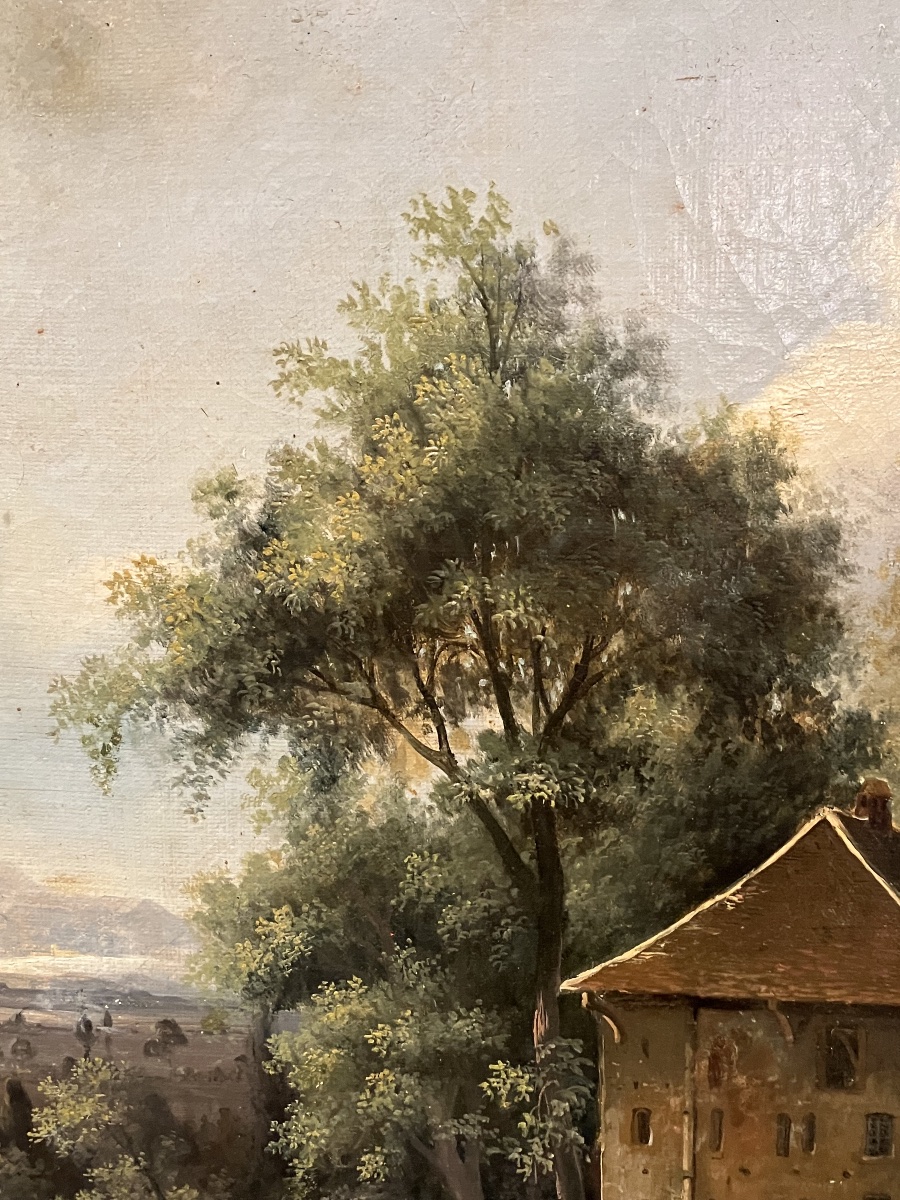 Tableau Ecole Suisse ou Allemande Epoque Romantique Paysage animé 19ème-photo-4