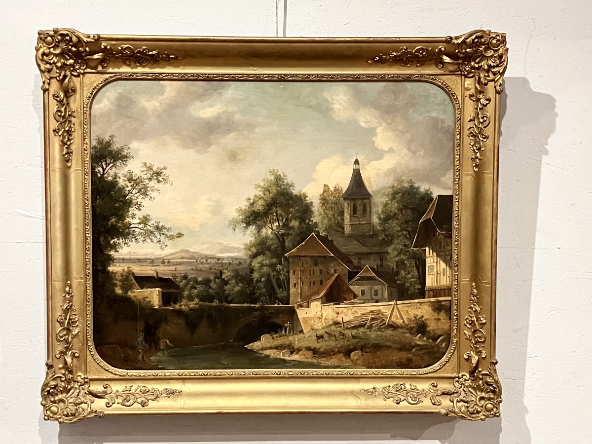 Tableau Ecole Suisse ou Allemande Epoque Romantique Paysage animé 19ème