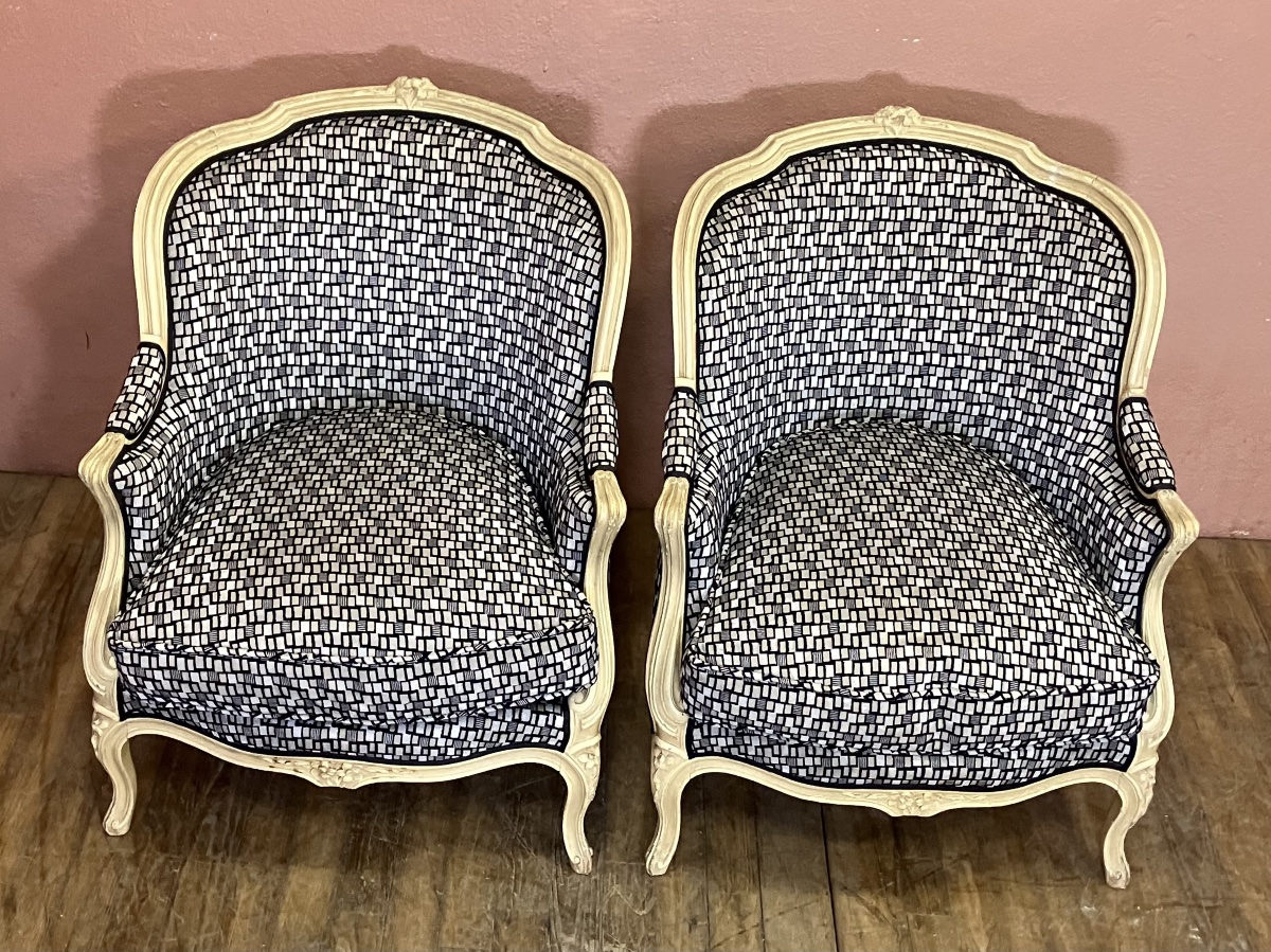 Paire de bergères Louis 15 bois laqué fauteuils -photo-2