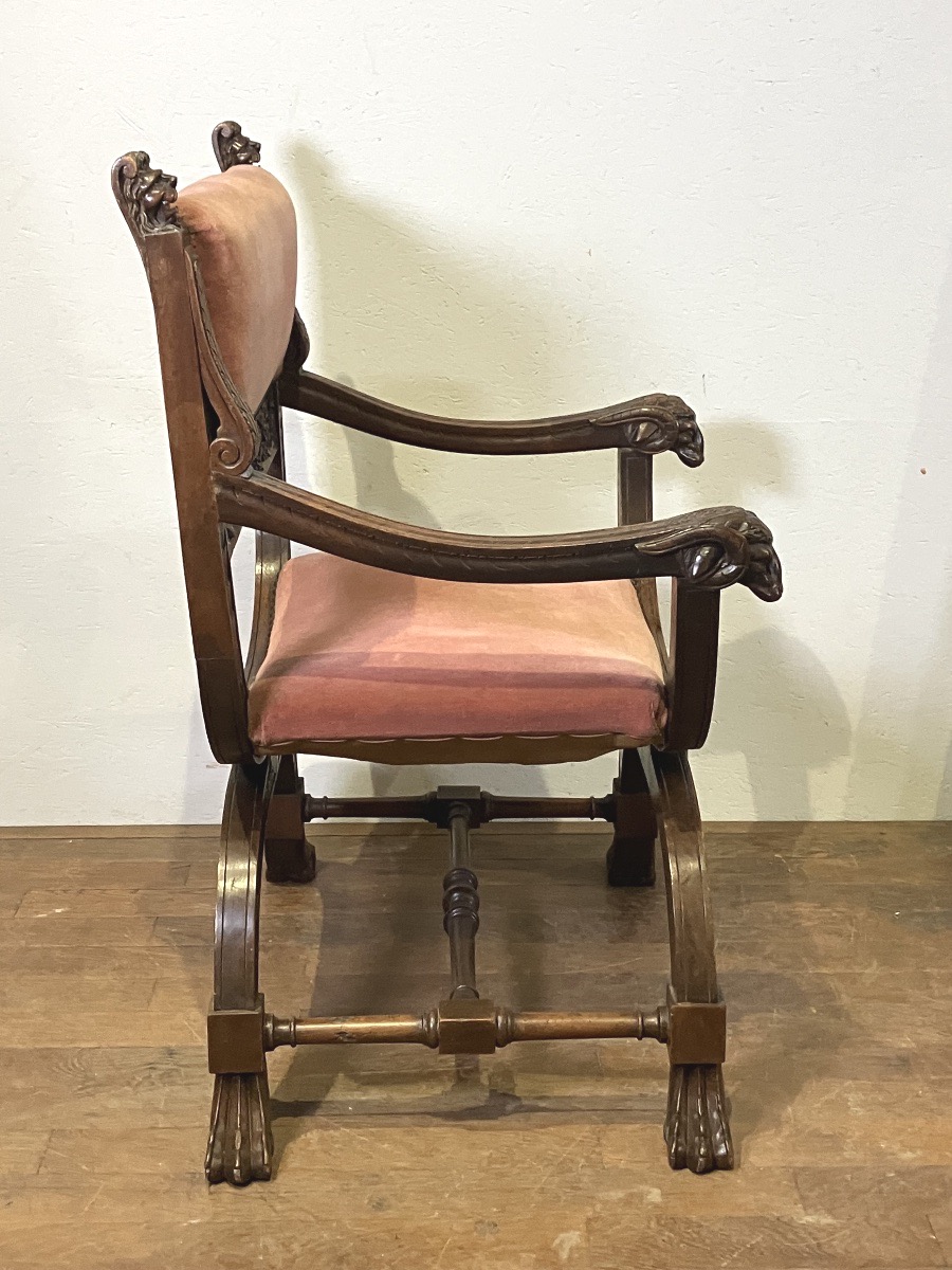 Fauteuil curule en noyer Renaissance époque  XIXème Blason Bureau Château Apparat Dagobert-photo-2
