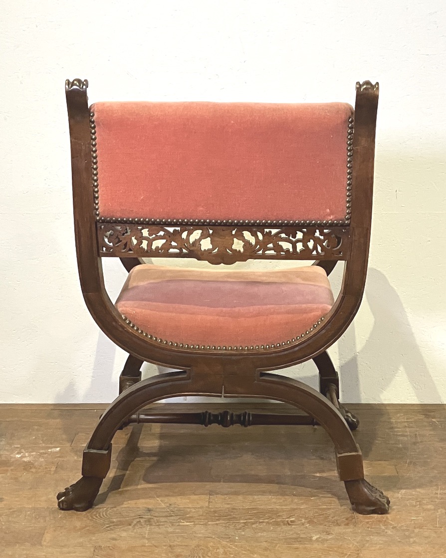 Fauteuil curule en noyer Renaissance époque  XIXème Blason Bureau Château Apparat Dagobert-photo-3