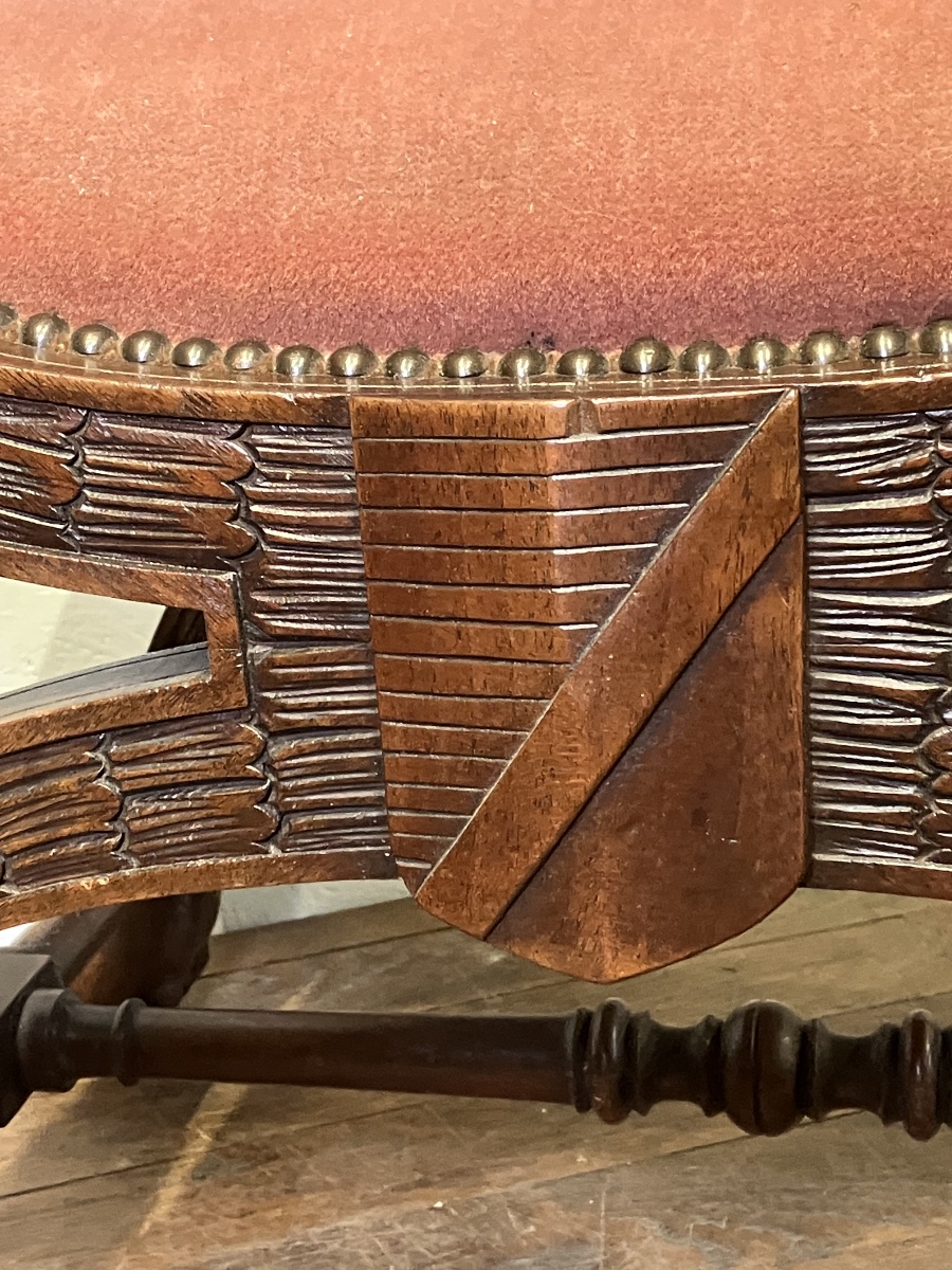 Fauteuil curule en noyer Renaissance époque  XIXème Blason Bureau Château Apparat Dagobert-photo-6