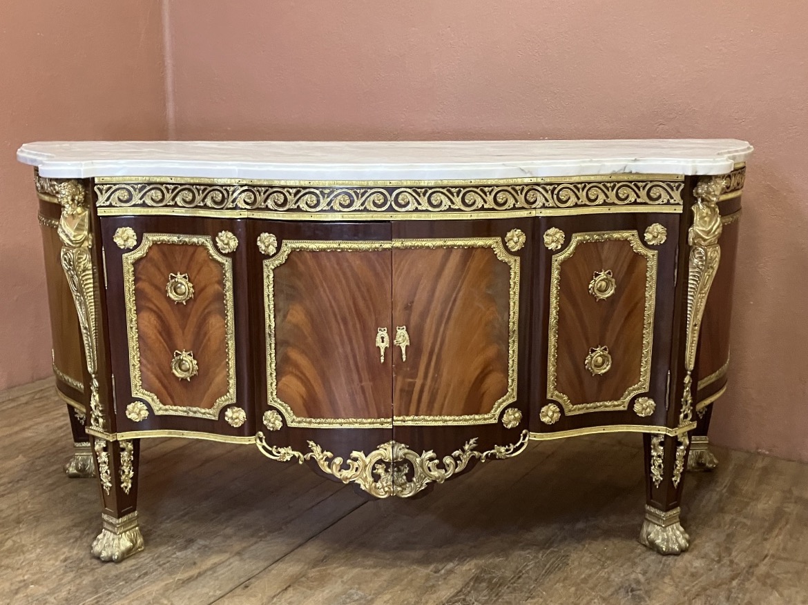 Paire de grand buffet commode style Louis XVI galbé bronzes dorés marqueterie dessus marbre-photo-3