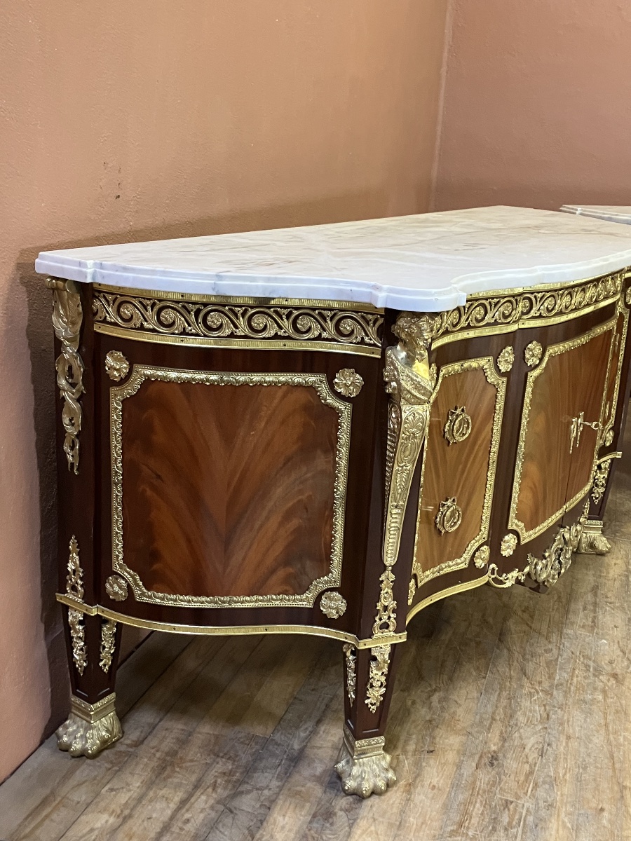 Paire de grand buffet commode style Louis XVI galbé bronzes dorés marqueterie dessus marbre-photo-2