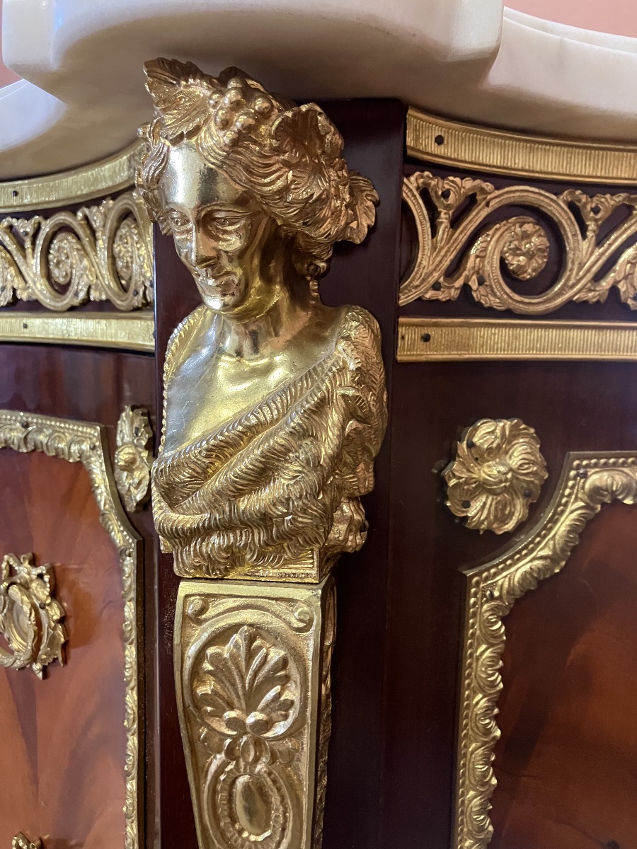 Paire de grand buffet commode style Louis XVI galbé bronzes dorés marqueterie dessus marbre-photo-4