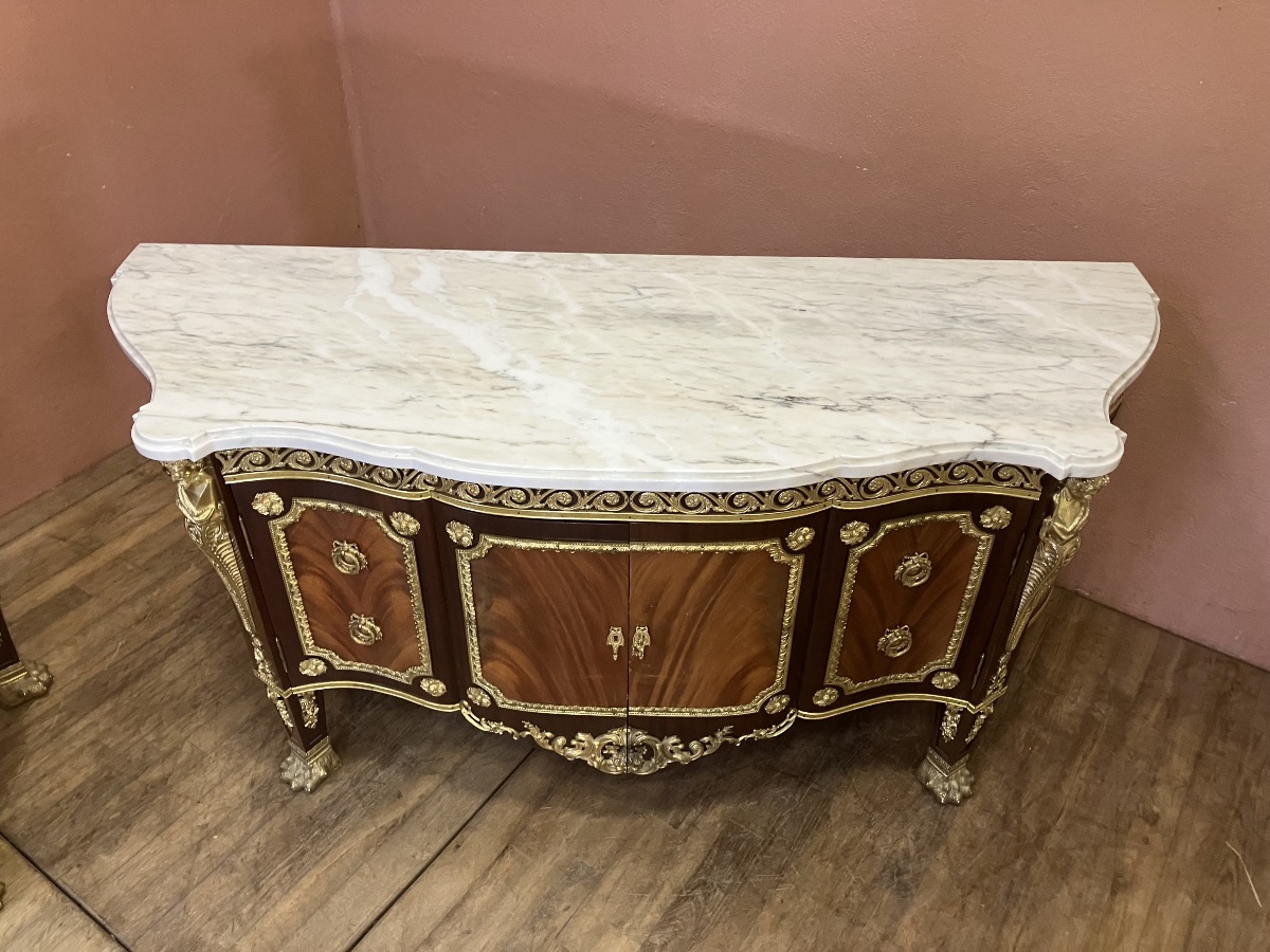 Paire de grand buffet commode style Louis XVI galbé bronzes dorés marqueterie dessus marbre-photo-7