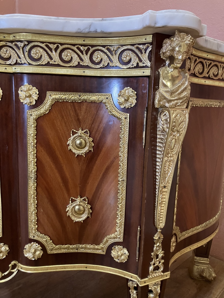 Paire de grand buffet commode style Louis XVI galbé bronzes dorés marqueterie dessus marbre-photo-8