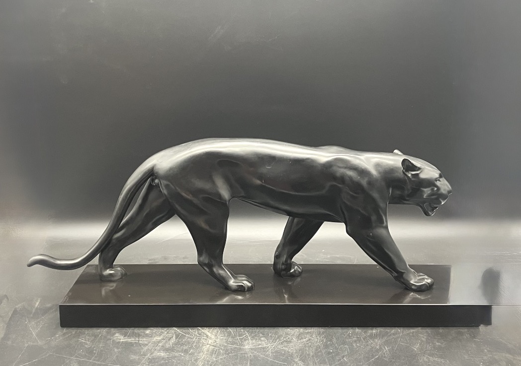 Max Le Verrier Panthère noire art déco sur socle marbre
