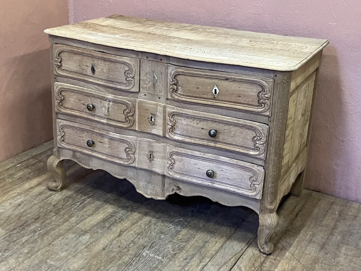 commode arbalète 18eme en chêne blanchi à 4 tiroirs sur trois rangs-photo-3