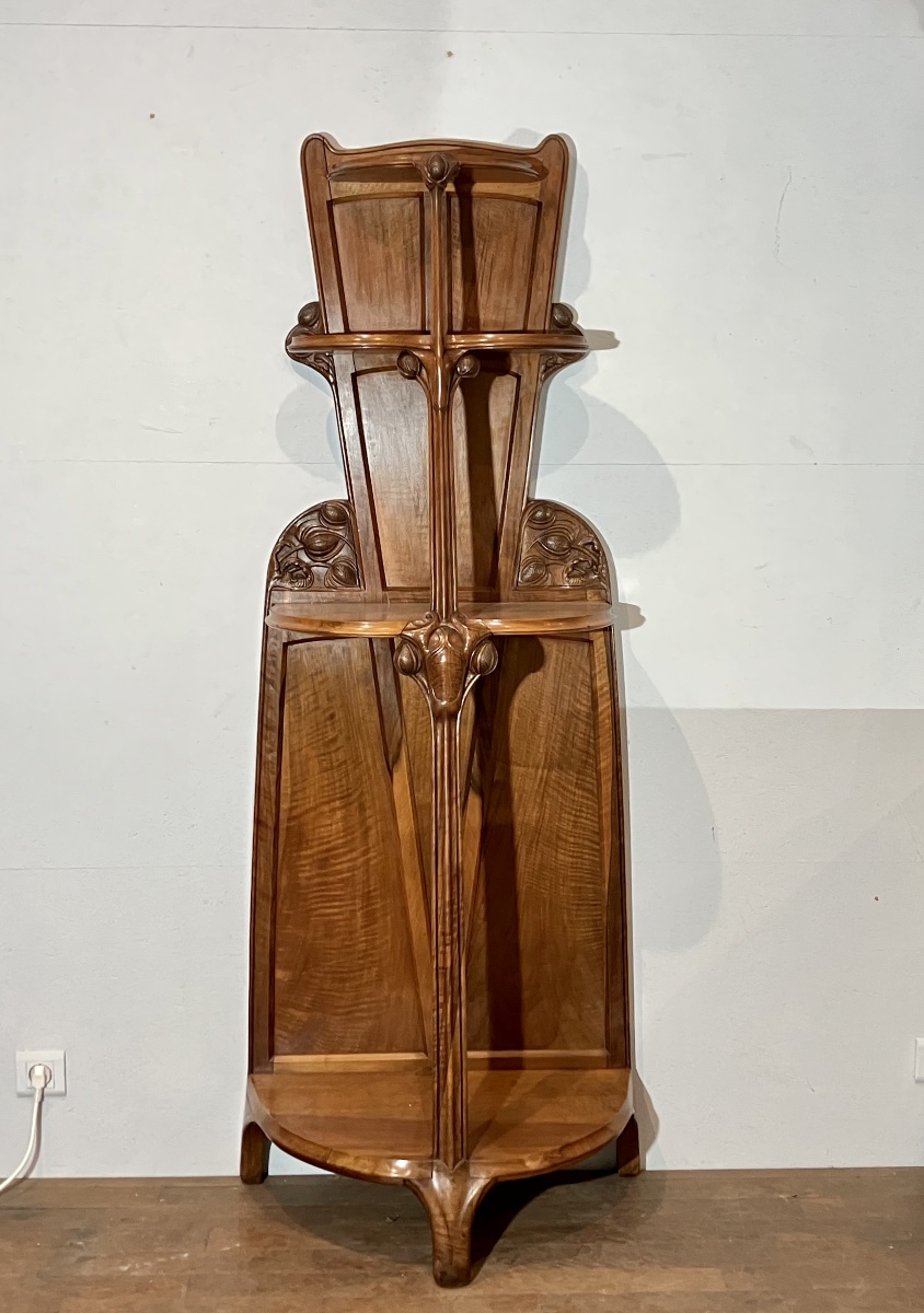 Art Nouveau Walnut Stool With Thistle Motif, Console Table, Shelf, Nancy School, Dlg, Majorelle, Gallé-photo-2