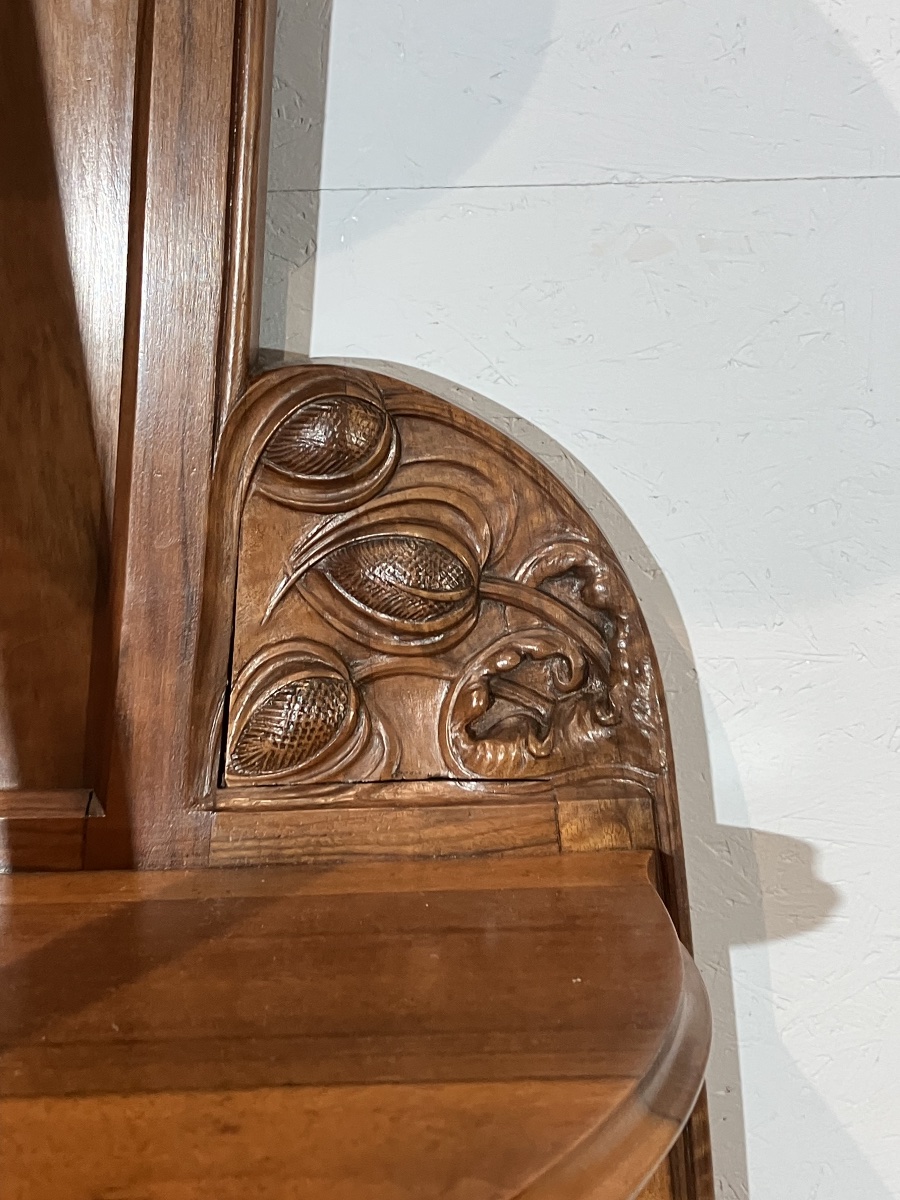 Art Nouveau Walnut Stool With Thistle Motif, Console Table, Shelf, Nancy School, Dlg, Majorelle, Gallé-photo-3
