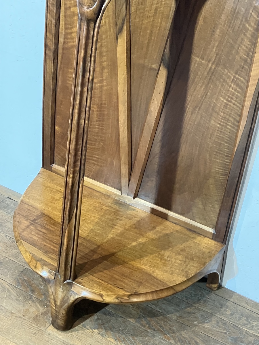 Art Nouveau Walnut Stool With Thistle Motif, Console Table, Shelf, Nancy School, Dlg, Majorelle, Gallé-photo-4