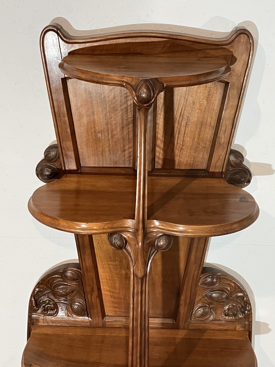 Art Nouveau Walnut Stool With Thistle Motif, Console Table, Shelf, Nancy School, Dlg, Majorelle, Gallé-photo-1