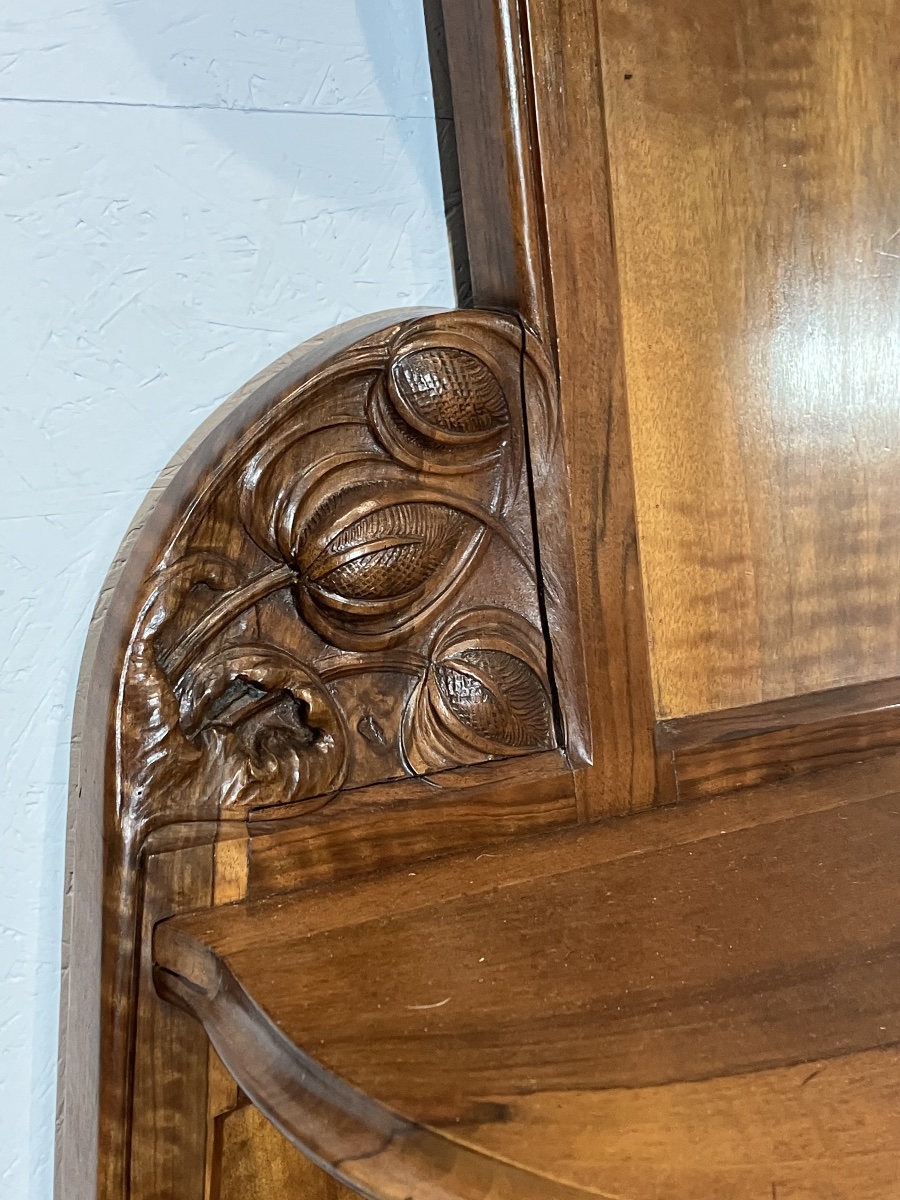 Art Nouveau Walnut Stool With Thistle Motif, Console Table, Shelf, Nancy School, Dlg, Majorelle, Gallé-photo-2