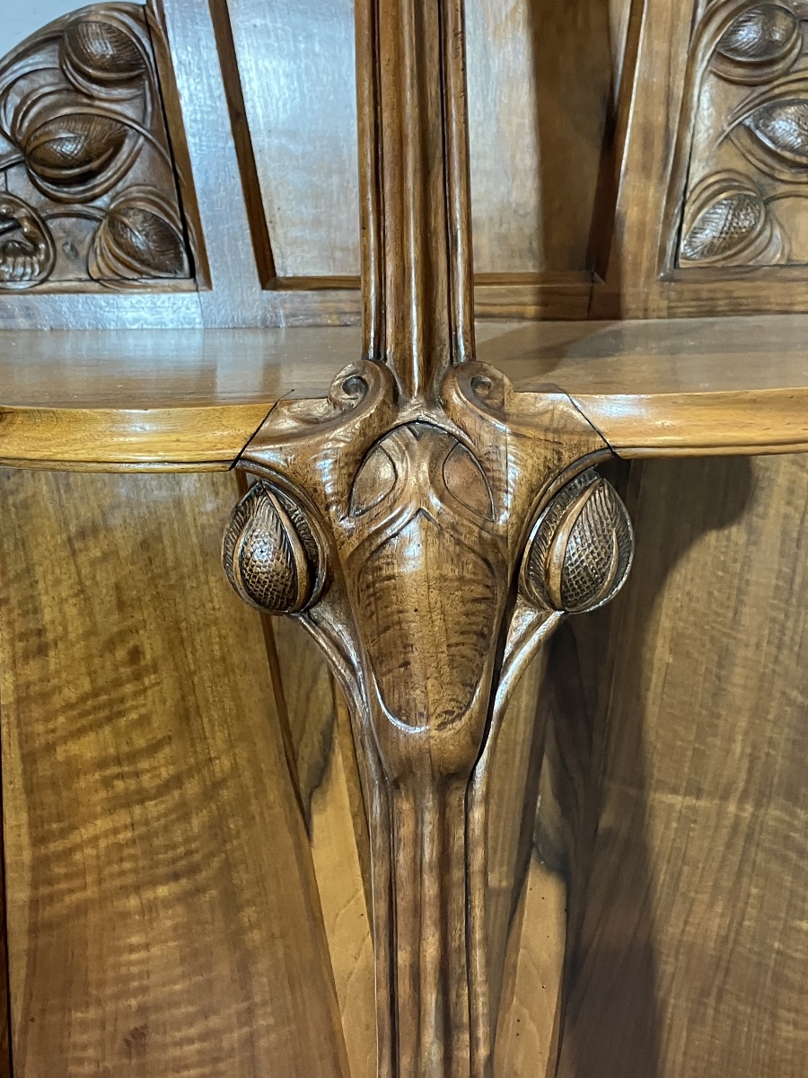 Art Nouveau Walnut Stool With Thistle Motif, Console Table, Shelf, Nancy School, Dlg, Majorelle, Gallé-photo-3