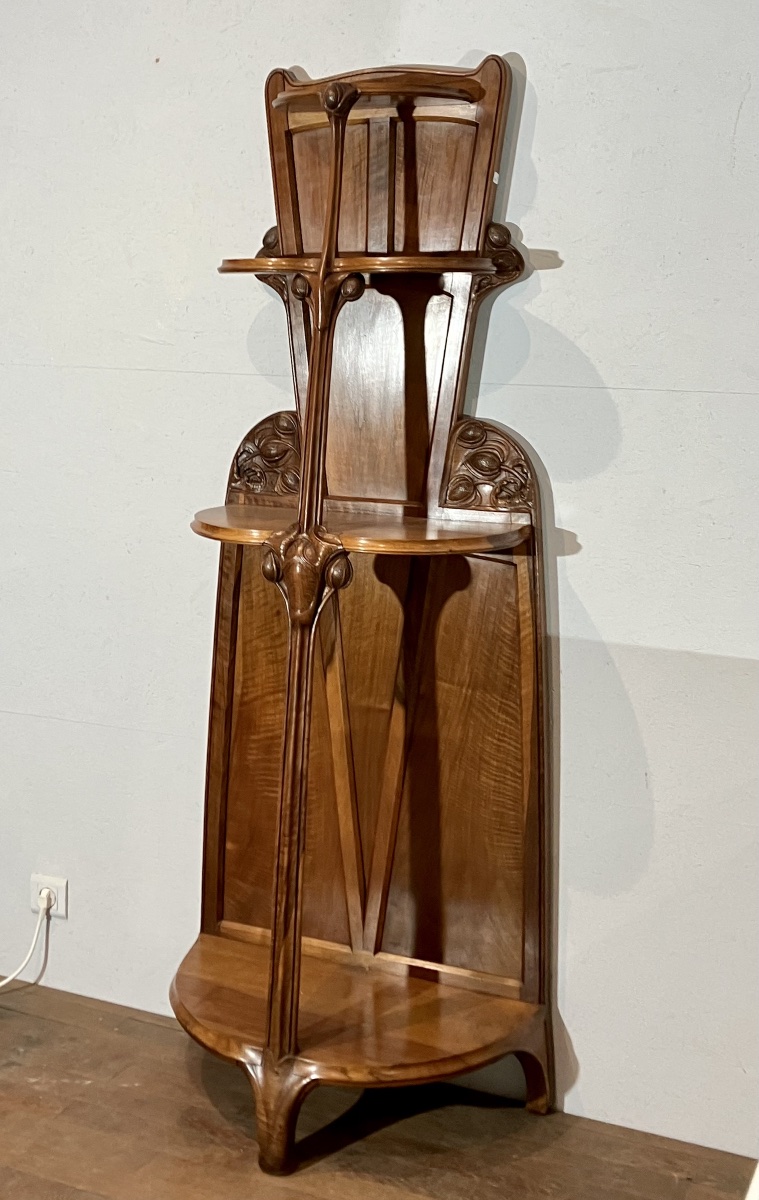Art Nouveau Walnut Stool With Thistle Motif, Console Table, Shelf, Nancy School, Dlg, Majorelle, Gallé-photo-7