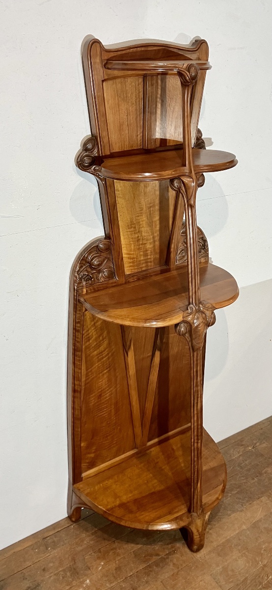 Art Nouveau Walnut Stool With Thistle Motif, Console Table, Shelf, Nancy School, Dlg, Majorelle, Gallé
