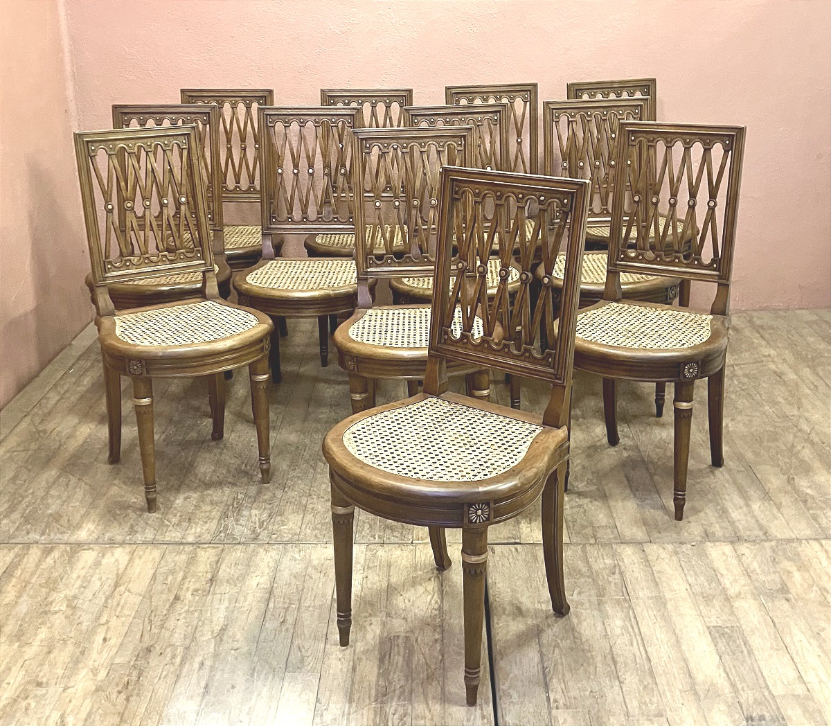 Set Of 12 Jacob-style Louis XVI Directoire Chairs In Light Mahogany