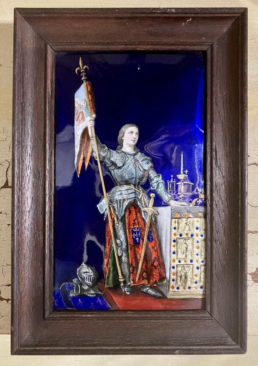 tableau en émail de limoges Jeanne d'Arc petit panneau encadré XIXème 
