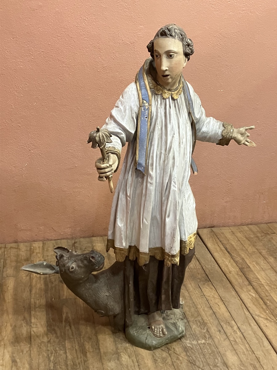 Saint Anthony Of Padua And The Miracle Of The Mule: Large 18th-century Wooden Statue, 131 Cm