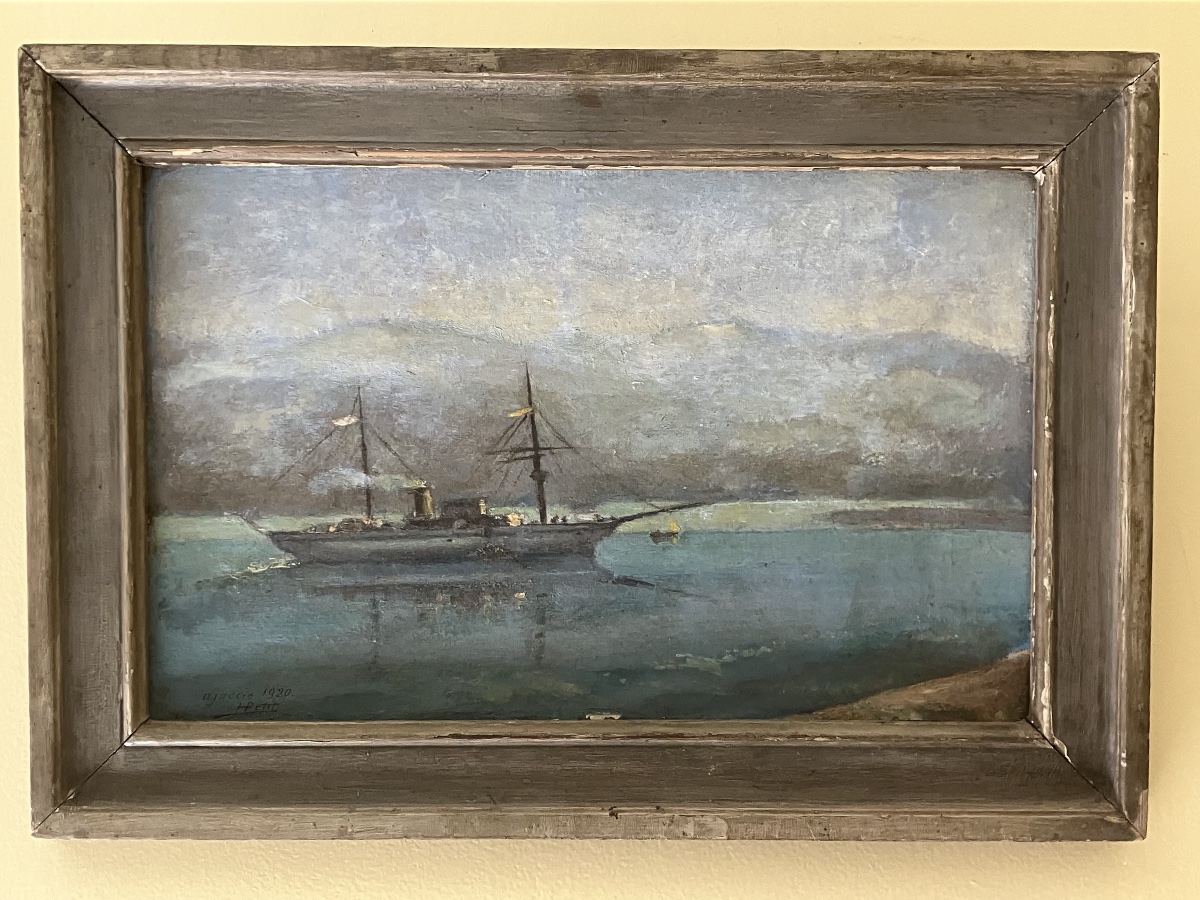 Painting: Ajaccio Bay, Military Ship, Aviso, Mixed-propulsion Gunboat 