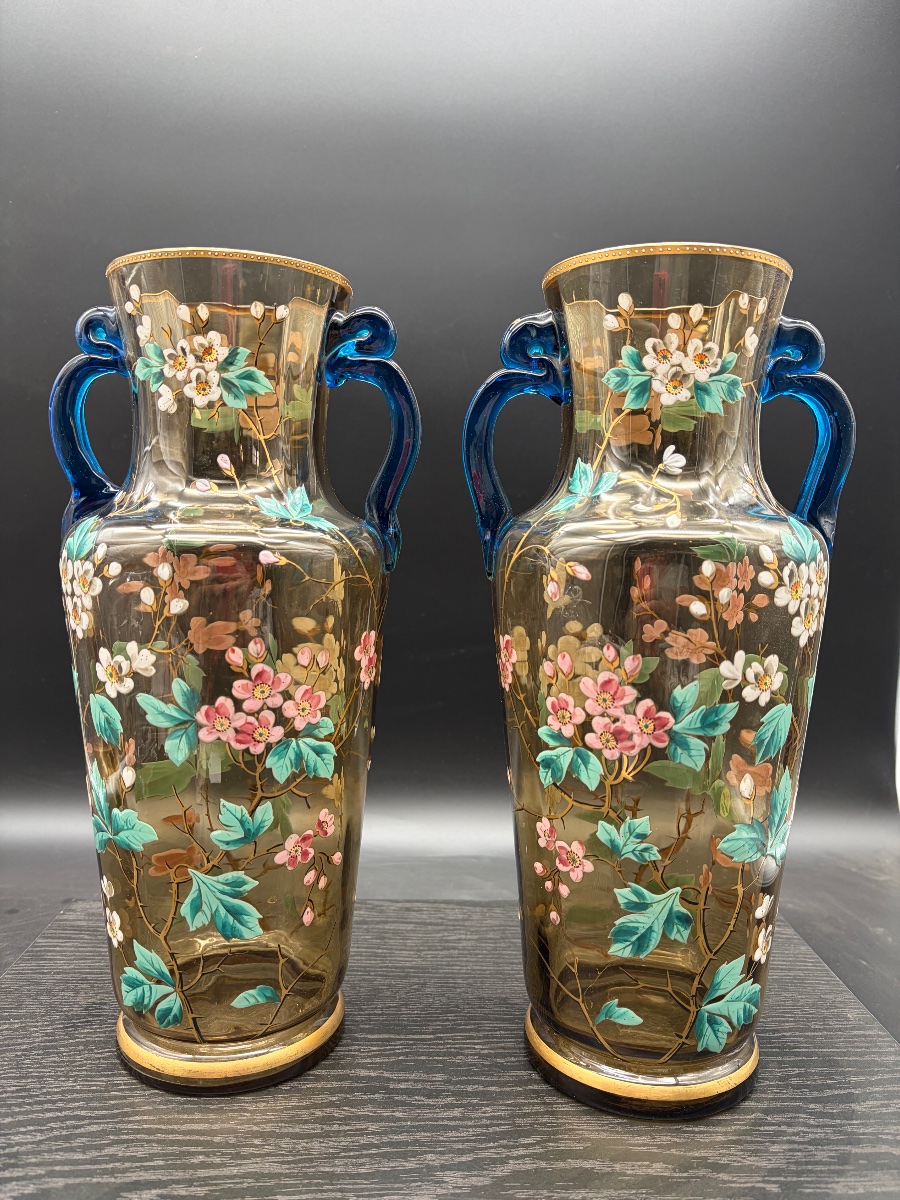 Paire de vases émaillés fleurs et abeilles dlg Legras art nouveau-photo-1