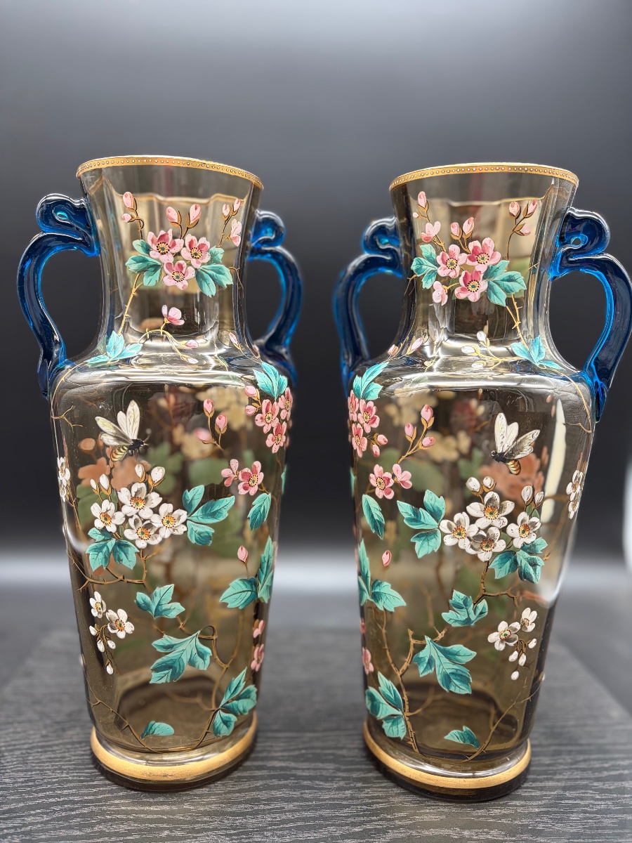 Paire de vases émaillés fleurs et abeilles dlg Legras art nouveau