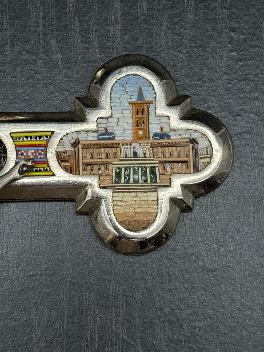 Importante croix crucifix en micro-mosaïque et bronze argenté Rome 19ème Italie Souvenir Christ-photo-3