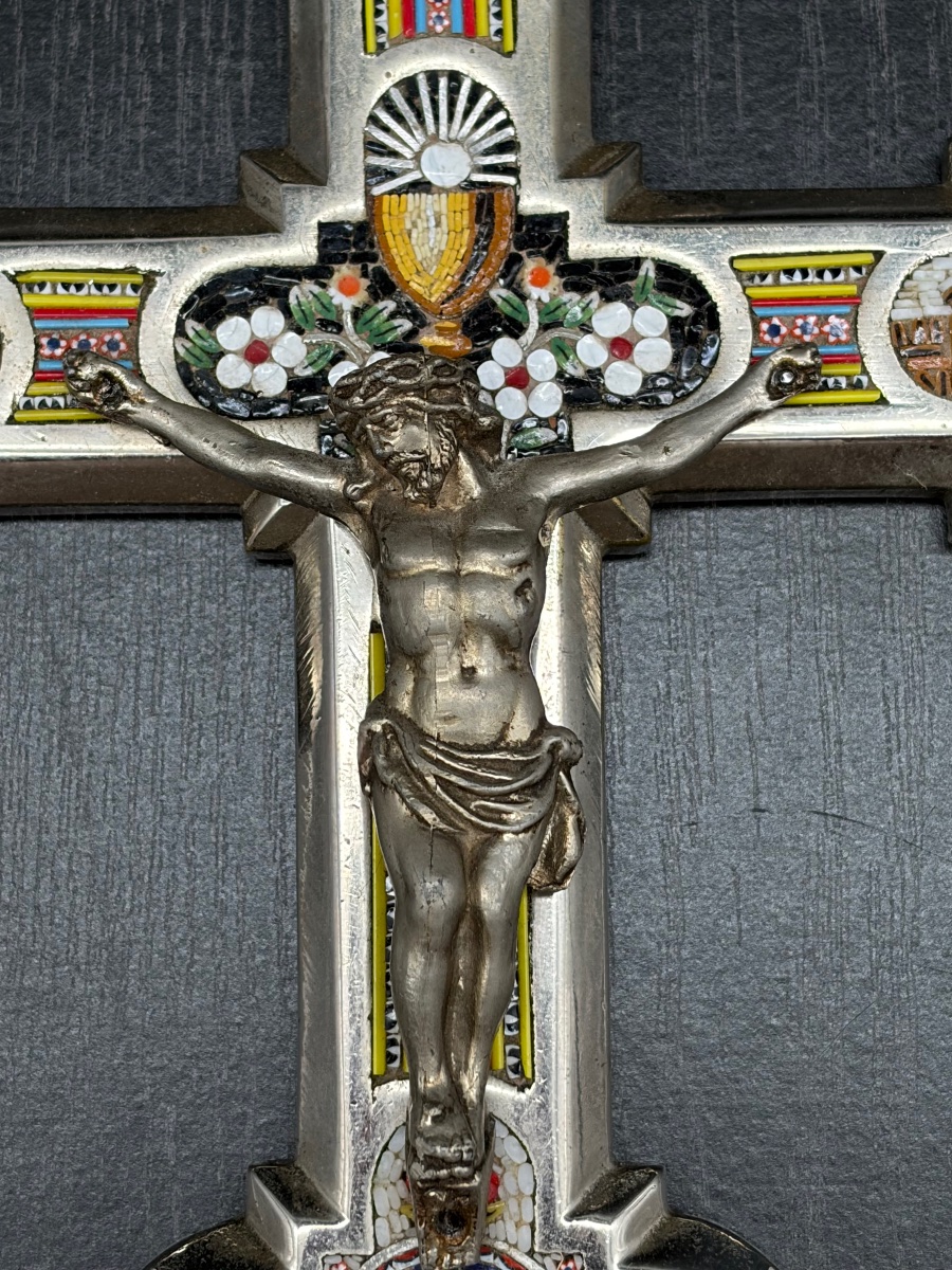 Importante croix crucifix en micro-mosaïque et bronze argenté Rome 19ème Italie Souvenir Christ-photo-4