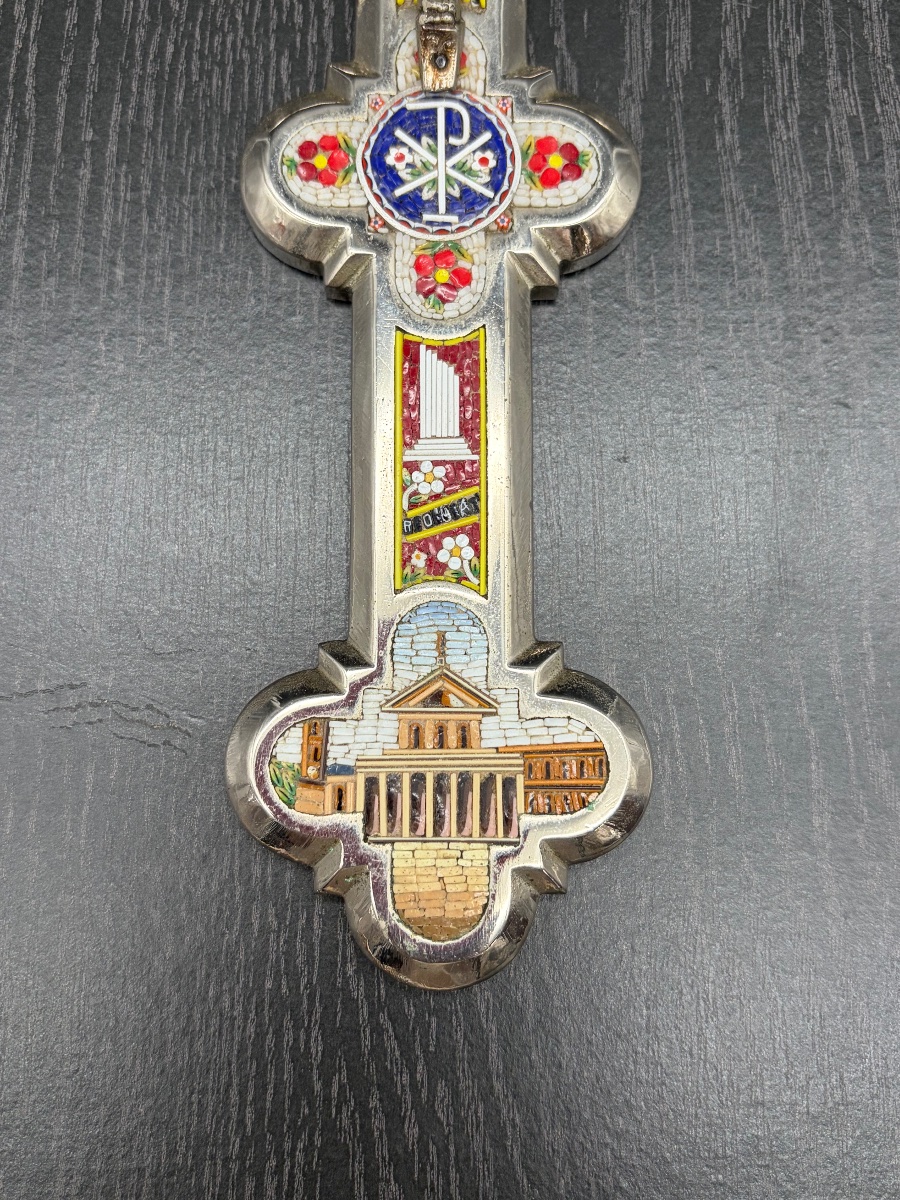 Importante croix crucifix en micro-mosaïque et bronze argenté Rome 19ème Italie Souvenir Christ-photo-2