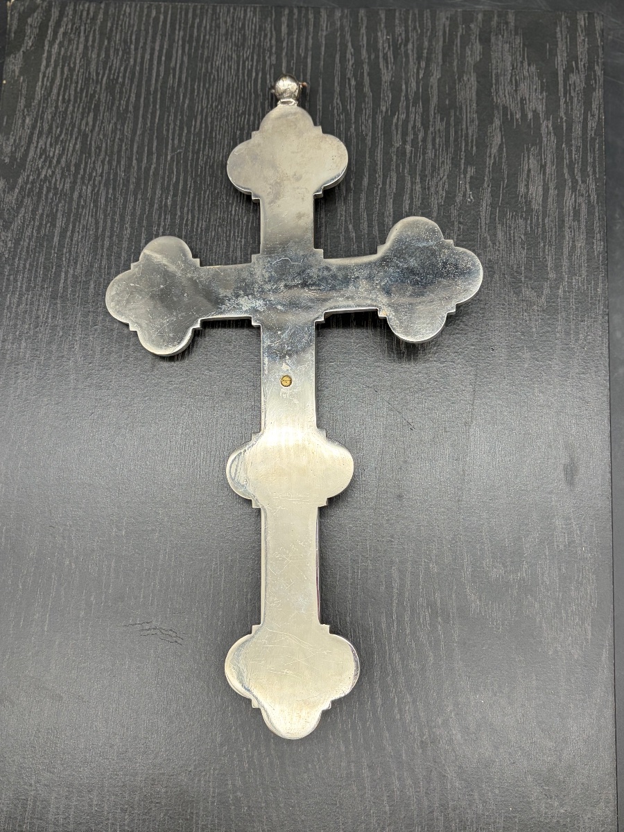 Importante croix crucifix en micro-mosaïque et bronze argenté Rome 19ème Italie Souvenir Christ-photo-3