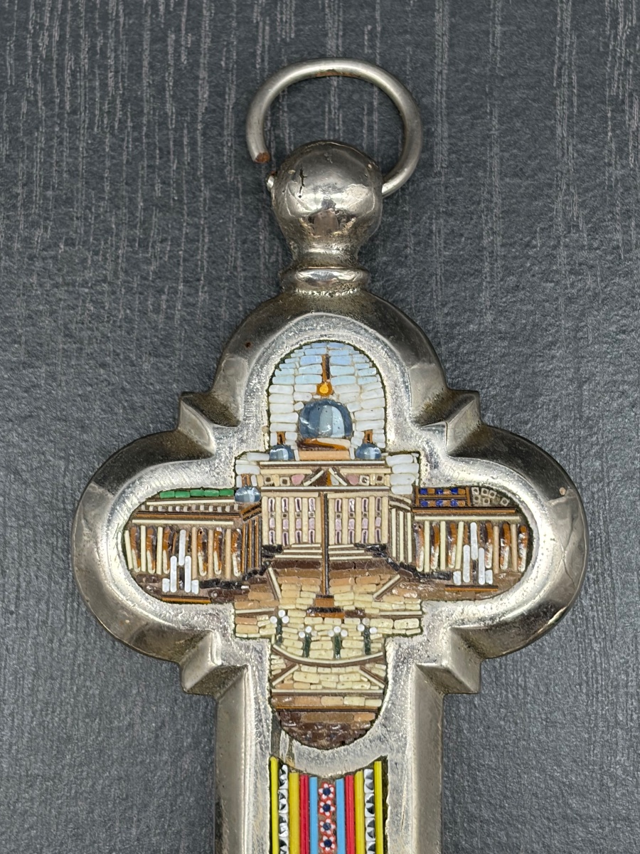 Importante croix crucifix en micro-mosaïque et bronze argenté Rome 19ème Italie Souvenir Christ-photo-4