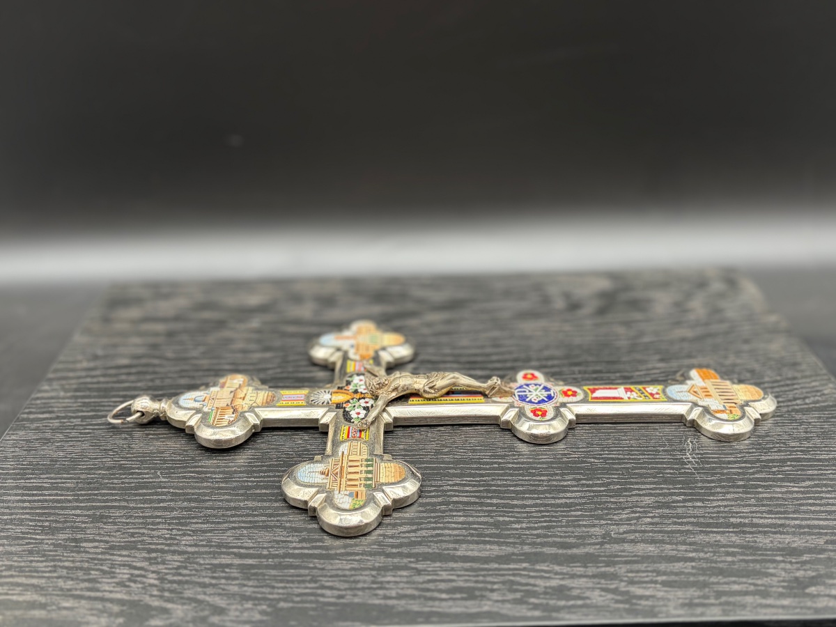 Importante croix crucifix en micro-mosaïque et bronze argenté Rome 19ème Italie Souvenir Christ-photo-5