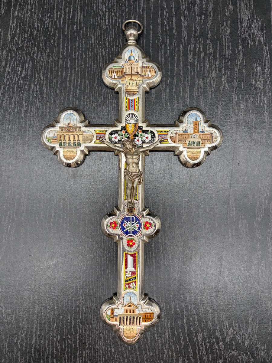 Importante croix crucifix en micro-mosaïque et bronze argenté Rome 19ème Italie Souvenir Christ