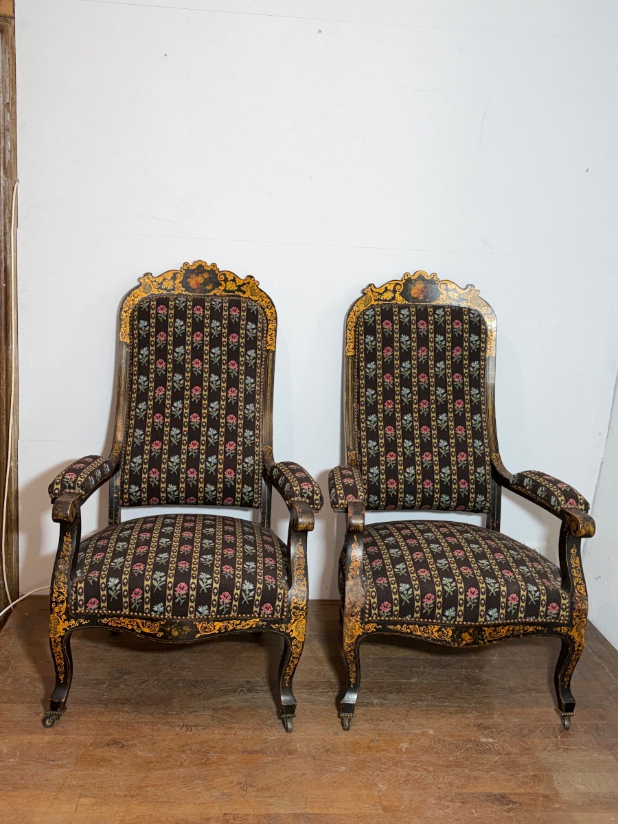 Paire de fauteuils Voltaire Napoléon III vernis Martin décor de fleurs -photo-2