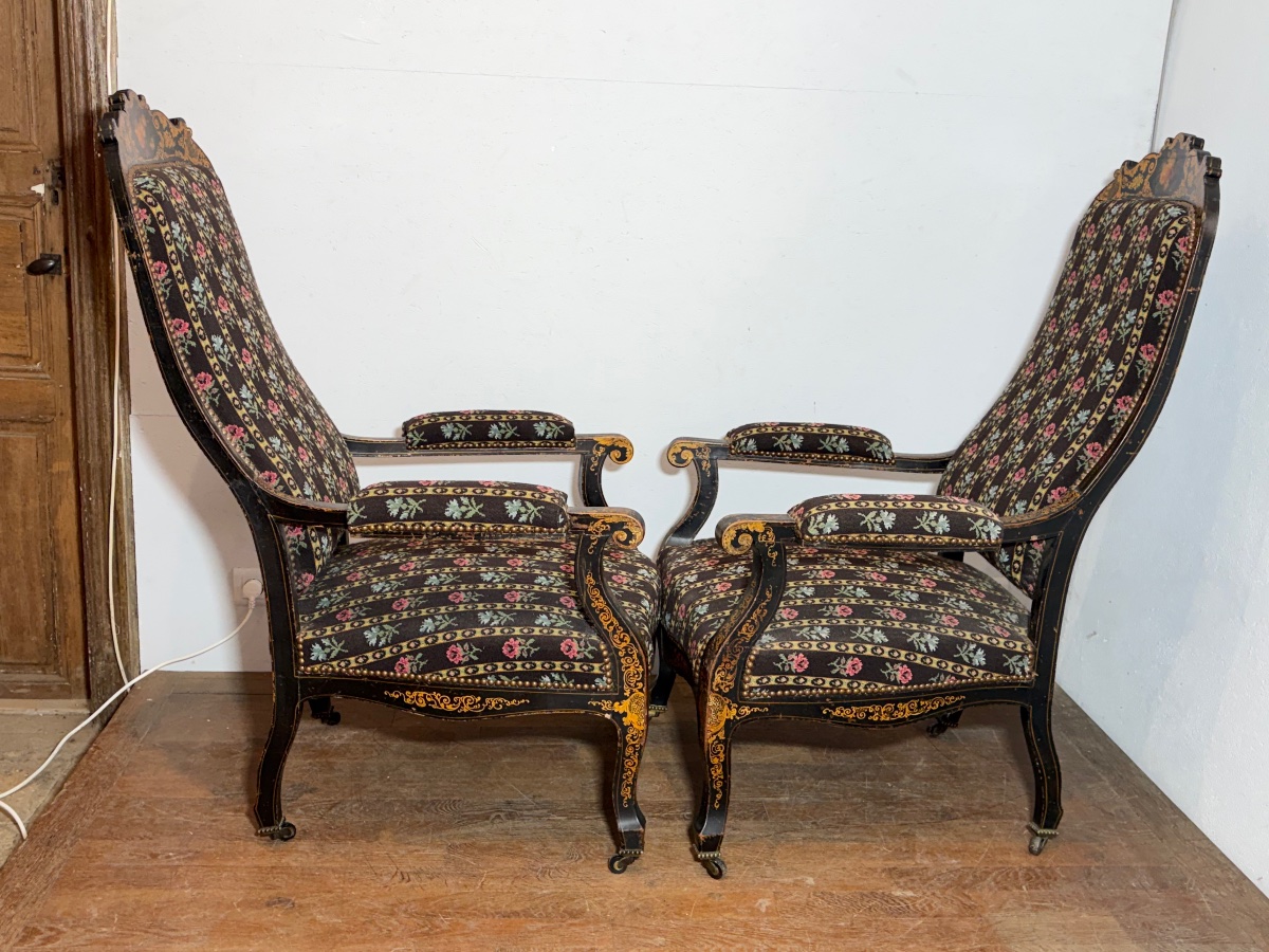 Paire de fauteuils Voltaire Napoléon III vernis Martin décor de fleurs -photo-3