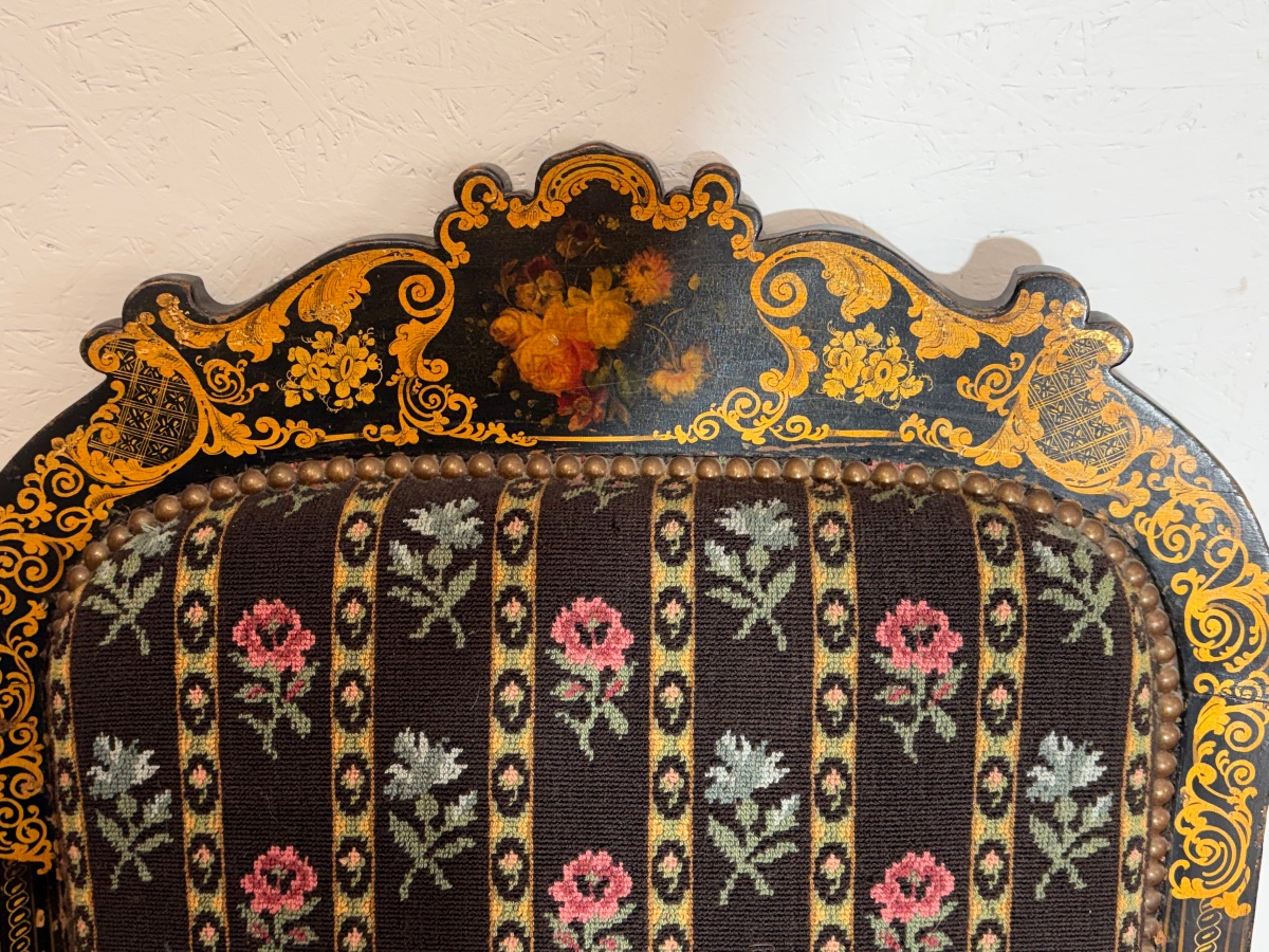 Paire de fauteuils Voltaire Napoléon III vernis Martin décor de fleurs -photo-4