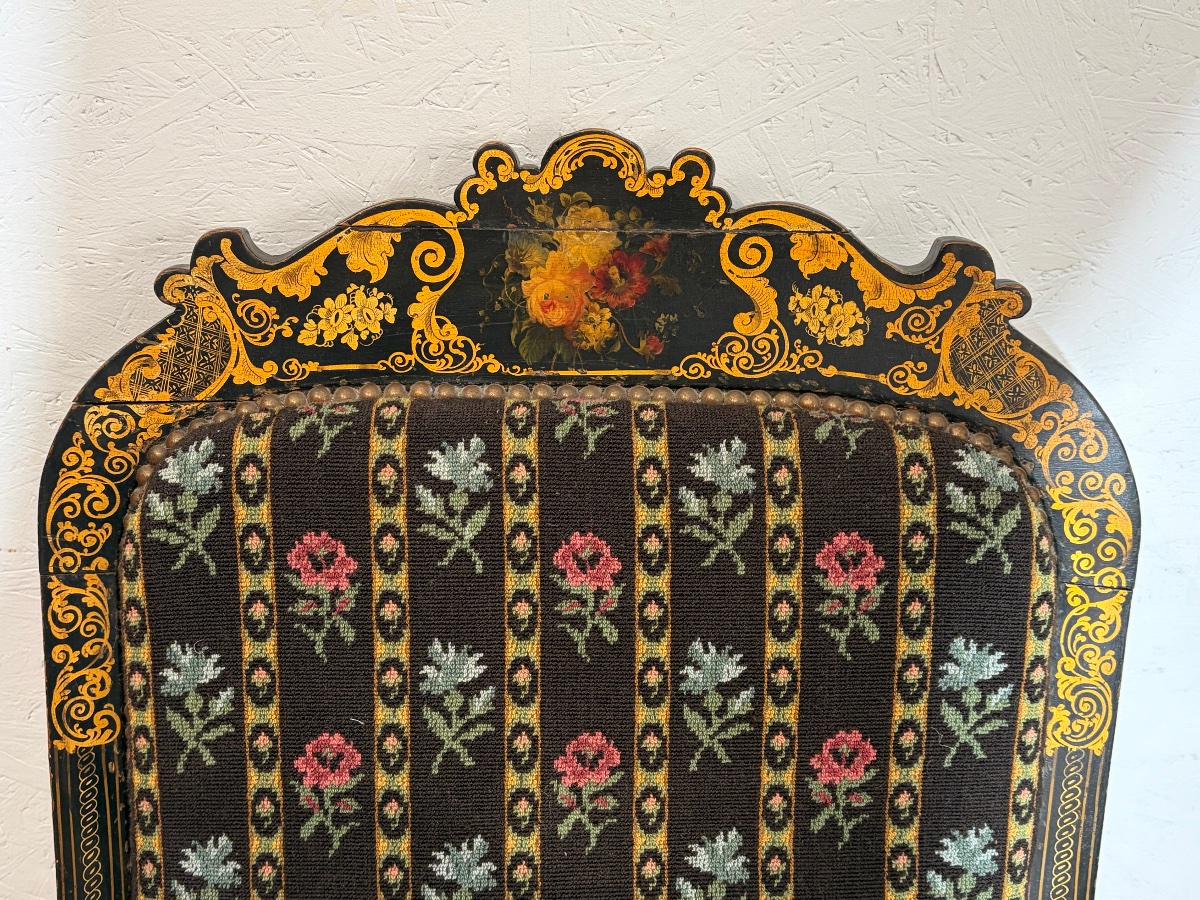 Paire de fauteuils Voltaire Napoléon III vernis Martin décor de fleurs -photo-1