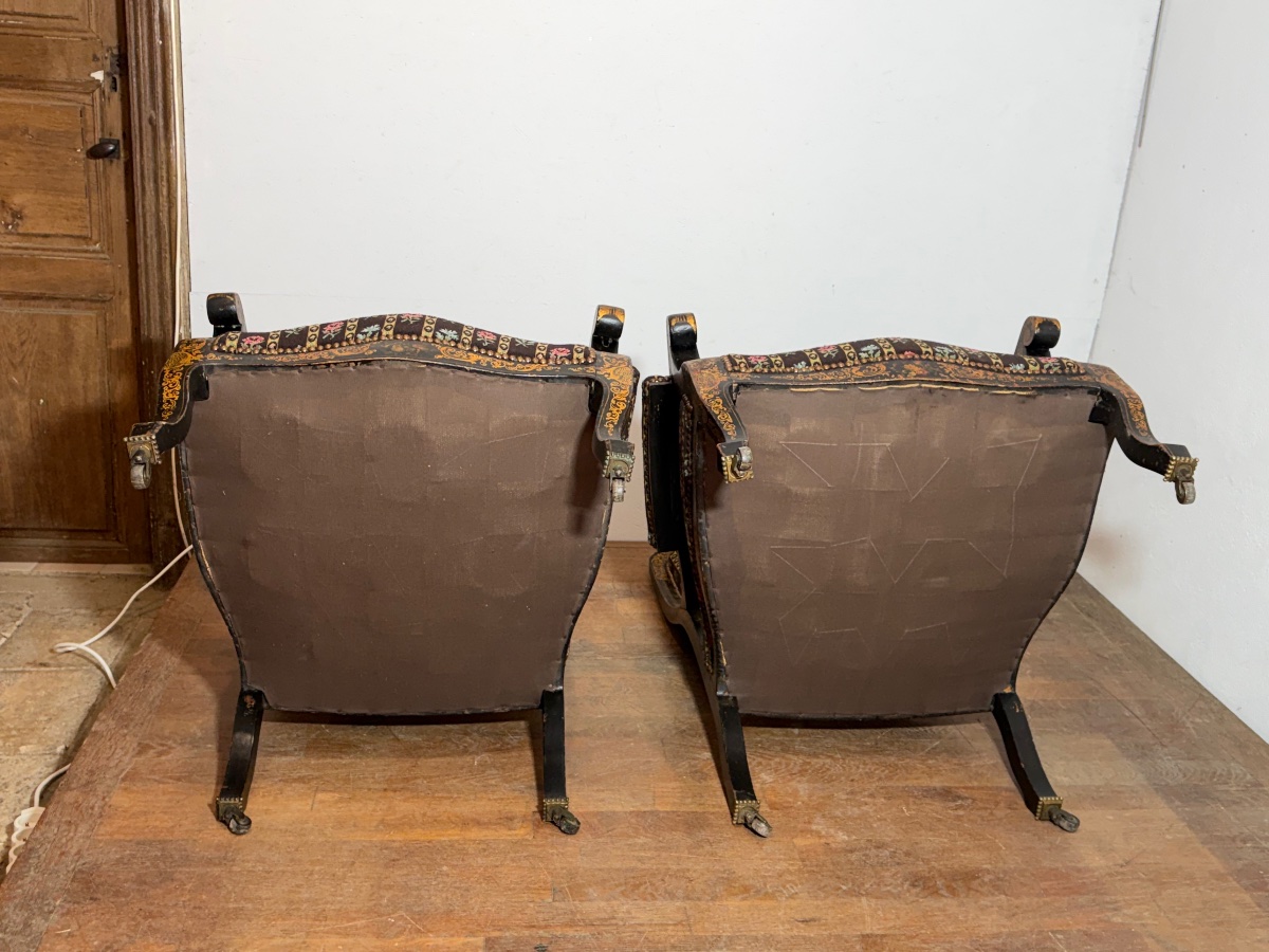 Paire de fauteuils Voltaire Napoléon III vernis Martin décor de fleurs -photo-2