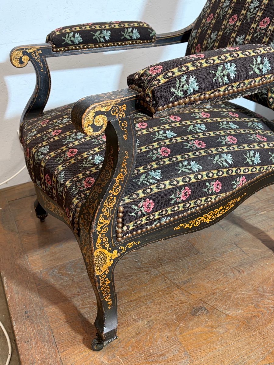 Paire de fauteuils Voltaire Napoléon III vernis Martin décor de fleurs -photo-3