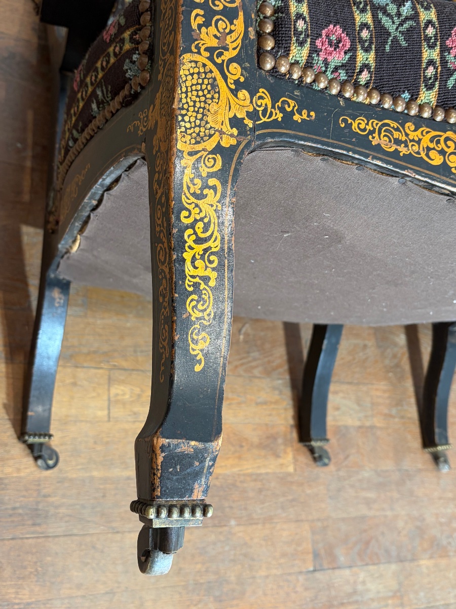 Paire de fauteuils Voltaire Napoléon III vernis Martin décor de fleurs -photo-4