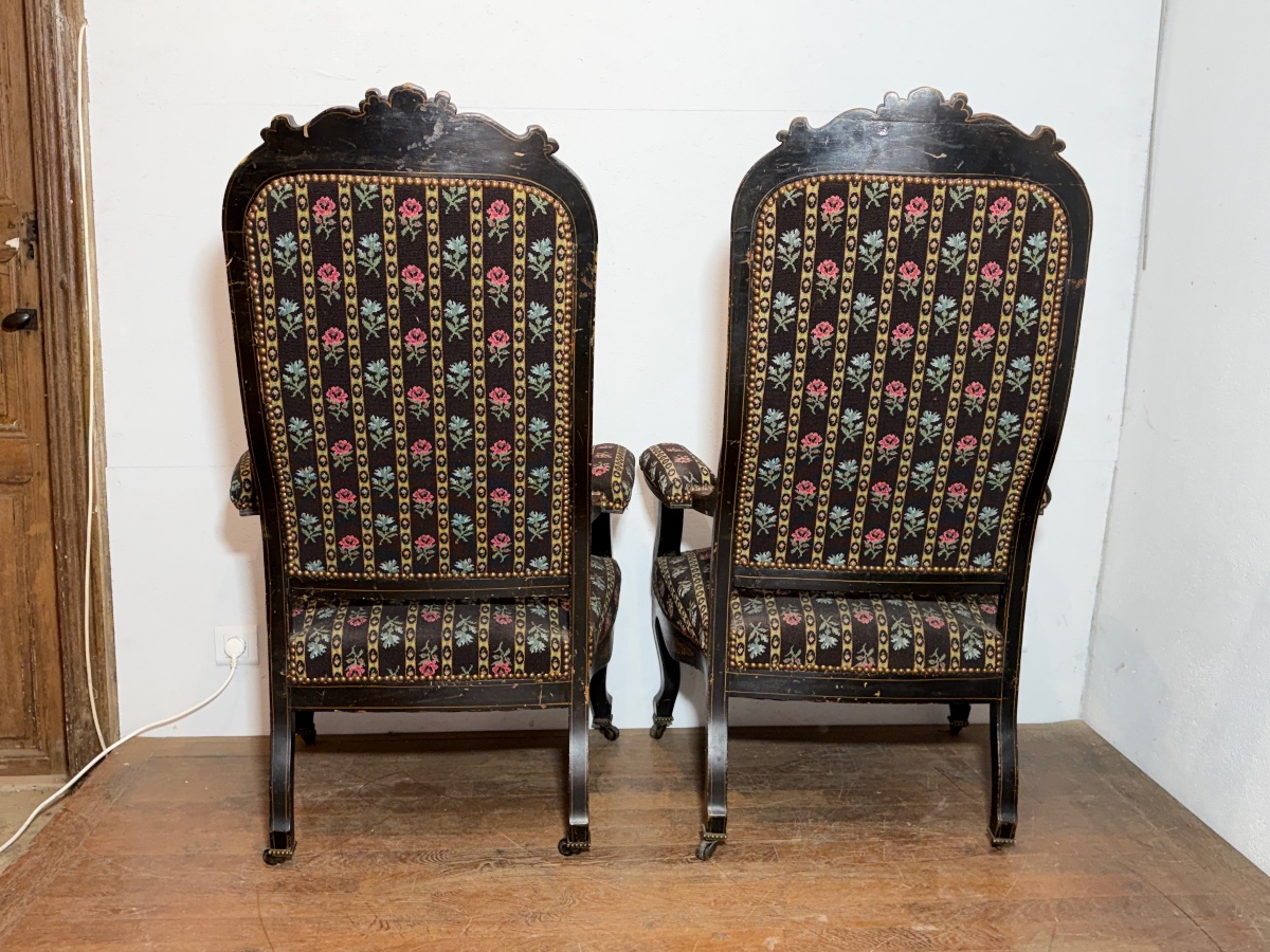 Paire de fauteuils Voltaire Napoléon III vernis Martin décor de fleurs -photo-6