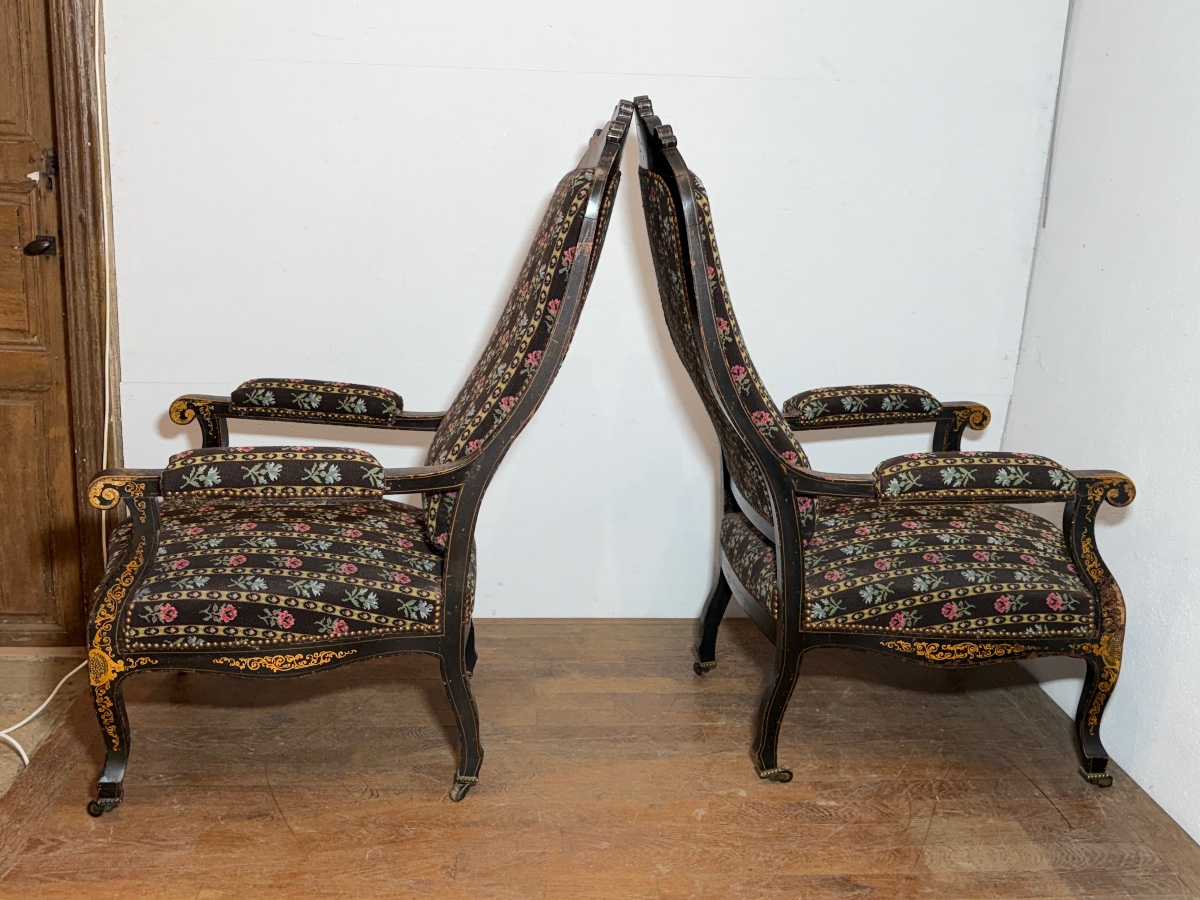 Paire de fauteuils Voltaire Napoléon III vernis Martin décor de fleurs -photo-7